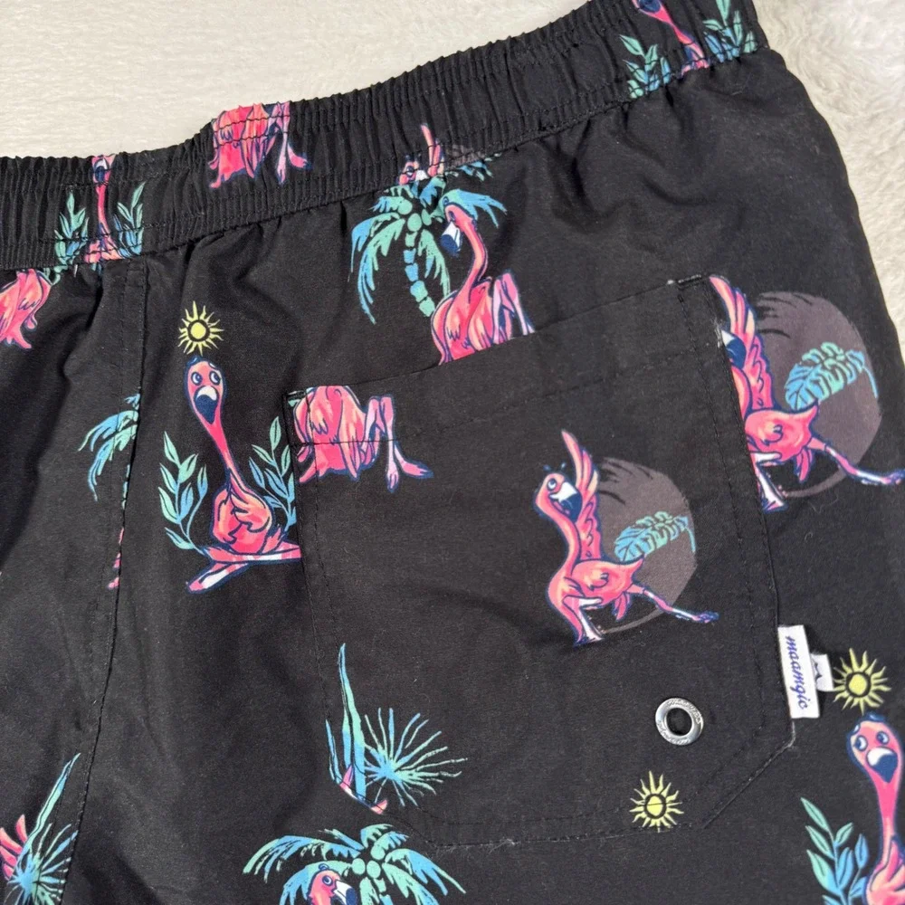 Maamgic Swim Trunks Mens Medium Black Yoga Flamingo Print Excellent Board Shorts